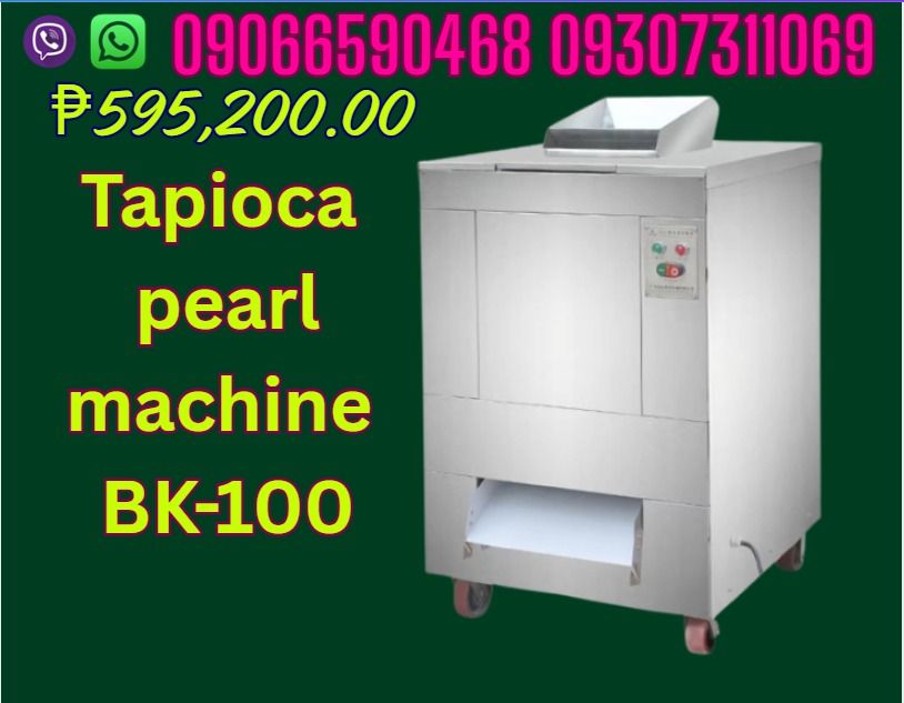 Tapioca pearl machine BK-100 (Category: Looking For) located in Caloocan City. Submitted by royalbird.87c50e (Listing ID 1464194273, Image 1). Description: Tapioca pearl machine BK-100 ₱595,200.00 "Voltage:220V/380V Power:1.1KW Diameter:6~13mm Capacity:80~90KG/H Machine weight:380kg Machine Dimension:1300*950*1100mm" ✅ Quality products ✅ Big discount for bulk orders ✅ 100% LEGIT TRUSTED SUPPLIER! ✅ With Complete Legal Documents ✅ BIR Registered ☎