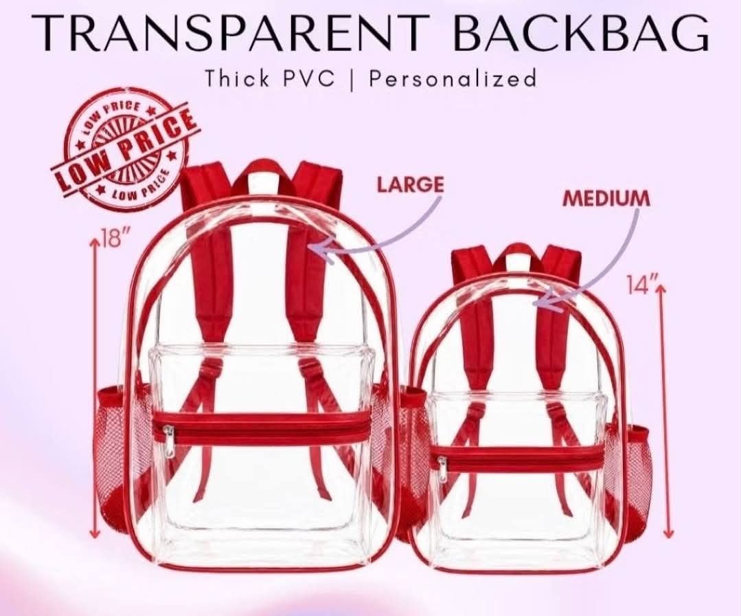 Thick PVC Transparent Backpack - Large & Medium Sizes (Category: Backpacks) located in Manila. Submitted by jaemalda (Listing ID 1464274919, Image 1). Description: - Made from thick, durable PVC material. - Available in Large (18 inches) and Medium (14 inches) sizes. - Features stylish red accents on straps and pockets. - Includes convenient side mesh pockets for water bottles. - Ideal for school, travel, concerts, and other events. - Personaliza