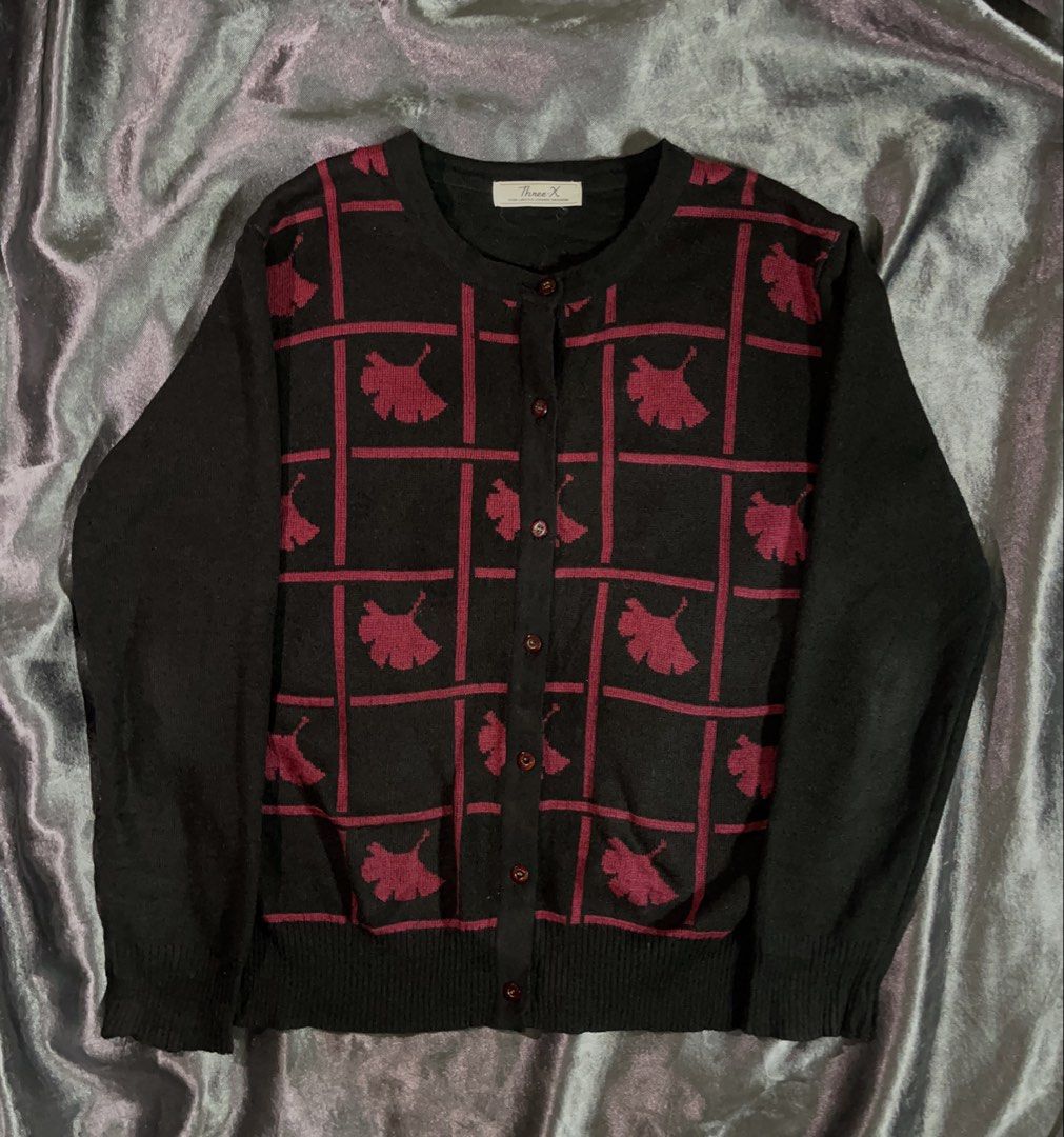 THREE-X Black & Burgundy Ginkgo Leaf Pattern Cardigan (Category: Coats, Jackets and Outerwear) located in Cavite. Submitted by bellewii (Listing ID 1464291384, Image 1). Description: - Black cardigan - Burgundy ginkgo leaf pattern - Button-up front - Long sleeves - Estimated size: Medium - Great for layering - Cozy and comfortable.