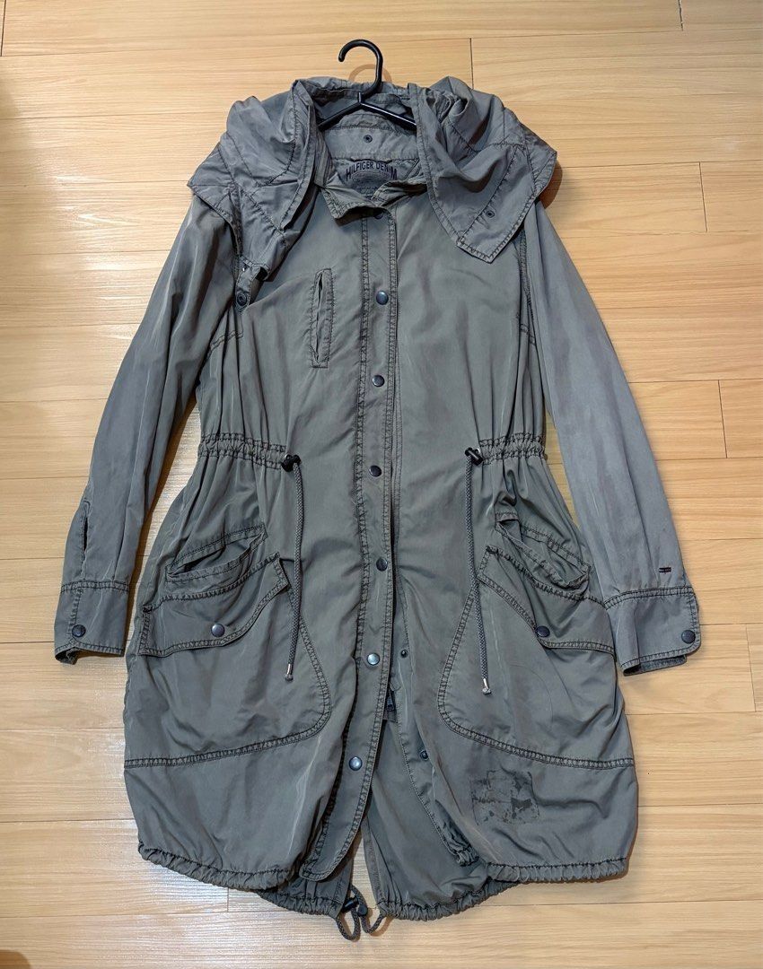 Tommy Hilfiger Parka Jacket with Hood Small - Large (Category: Coats, Jackets and Outerwear) located in Quezon City. Submitted by garagesale2026 (Listing ID 1464337557, Image 3). Description: - Preloved - In good condition - Runs big, S on tag, fits up to Large - Color: Olive - Length: Below knee for 5'4" tall - Removable hood; Drawstring at waist and hem; Button and zip closure; With cotton lining - Lightweight material.