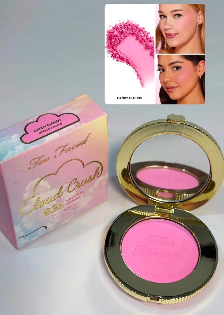 Too Faced Cloud Crush Blush & Lip Gloss (Category: Makeup) located in Cebu City. Submitted by kyeshamori24 (Listing ID 1464329735, Image 1). Description: - Too Faced Cloud Crush Blush in Candy Clouds - Shade: Beautiful diffused matte pink - Includes Too Faced Kissing Jelly Gloss - Perfect for adding a pop of color to cheeks and lips.