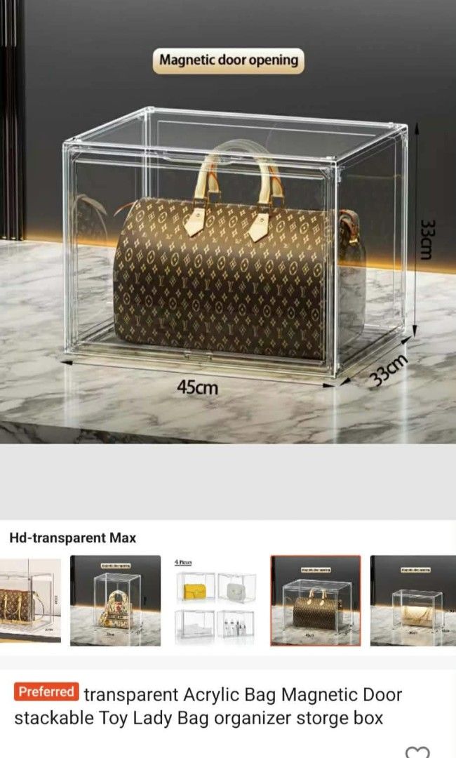 Transparent Acrylic Bag Magnetic Door Stackable Organizer Storage Box (Category: Storage Boxes & Baskets) located in Manila. Submitted by amylaseeee (Listing ID 1464253323, Image 3). Description: -P1200 take all (3 boxes) - Stackable Acrylic Storage Box - Perfect for Bags or Toys - Magnetic Door for Easy Access - Dimensions: 43cm (L) x 33cm (W) x 31.5cm (H) - Transparent Design: See contents easily - Keeps items dust-free and organized.