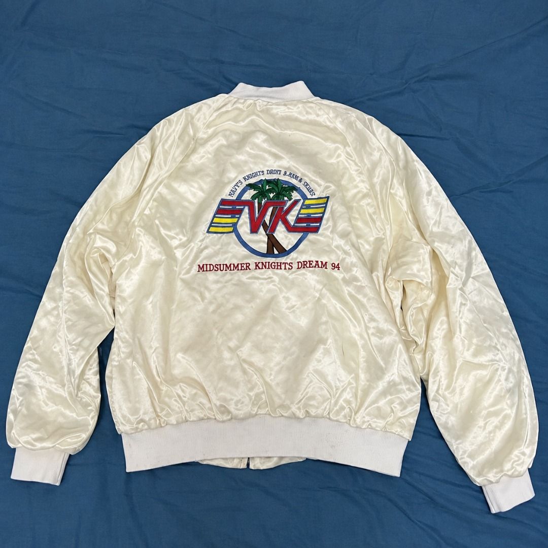 True Vintage 90s White Satin Bomber Varsity Jacket (Category: Coats, Jackets and Outerwear) located in Caloocan City. Submitted by bffcorner (Listing ID 1464265067, Image 1). Description: 📏SIZE & FIT: Size on Tag: XL Dimensions (Width x Length): 22" x 25" or 56cm x 63cm ✨ CONDITION: Rating: 9/10 Details: Pristine white satin. No major yellowing or tears. Zipper works perfectly..