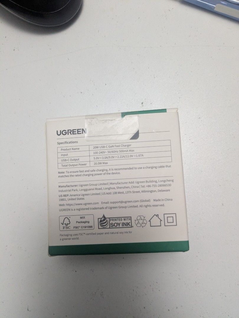 Ugreen GaN fast charger USB-C (Category: Chargers) located in Manila. Submitted by h0nder (Listing ID 1464178380, Image 3). Description: - Brand new, still in box. - Type: GaN Fast Charger - Power Output: 20W - Port: 1 x USB-C - Technology: GaN for higher efficiency and less heat - Compatibility: Wide, suitable for Tablets/Phones - Features: Safe charging with Thermal Guard™ - Design: Compact and lightweight.