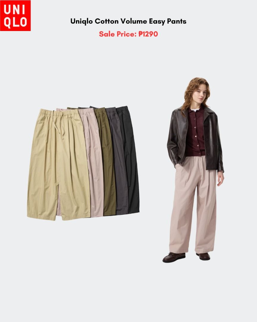 Uniqlo Cotton Volume Easy Pants (Category: Other Bottoms) located in Quezon City. Submitted by jiya.tokio (Listing ID 1464232009, Image 1). Description: Pre-order from Uniqlo Japan 🇯🇵 Uniqlo Cotton Volume Easy Pants ₱1290 ‼️ Reminders: ✈️ ETA: Nov ❣️ 50% DP is required to secure your item. (Non-refundable if the item has been purchased already.) 🚫 No size exchanges after purchase 📍 Tandang Sora, Quezon City 💰 MOP: BPI / GCash / Unionbank 🚚 