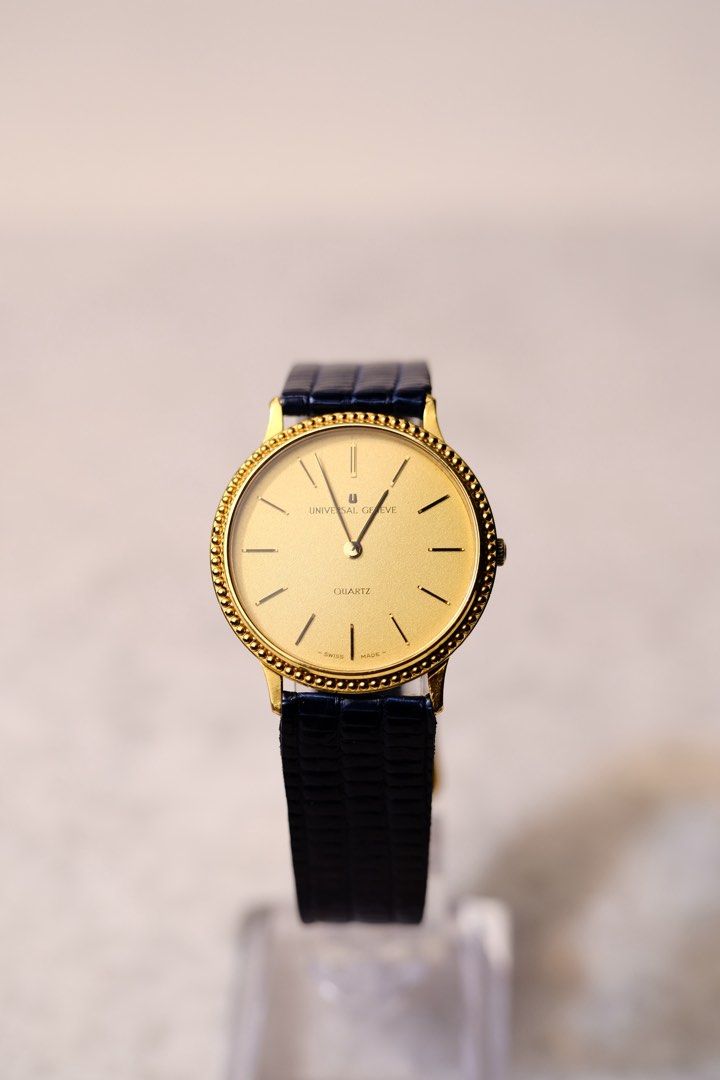 Universal Geneve (Category: Luxury Watches) located in Davao. Submitted by carussel (Listing ID 1464219396, Image 3). Description: Universal Geneve -Ultra Slim Quartz -33mm diameter. -Swiss Quartz Movement -Universal Geneve Cal. 2.42 -18k Gold Plated -Replacement Strap (Blue Slim Lizard Leather) .