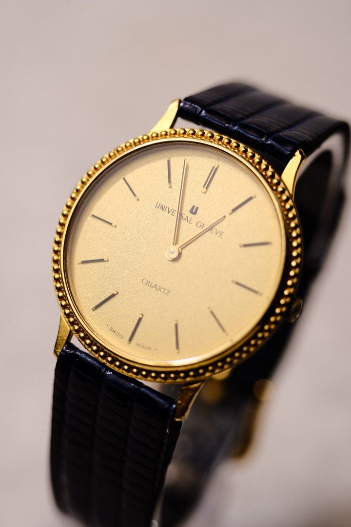 Universal Geneve (Category: Luxury Watches) located in Davao. Submitted by carussel (Listing ID 1464219396, Image 2). Description: Universal Geneve -Ultra Slim Quartz -33mm diameter. -Swiss Quartz Movement -Universal Geneve Cal. 2.42 -18k Gold Plated -Replacement Strap (Blue Slim Lizard Leather) .