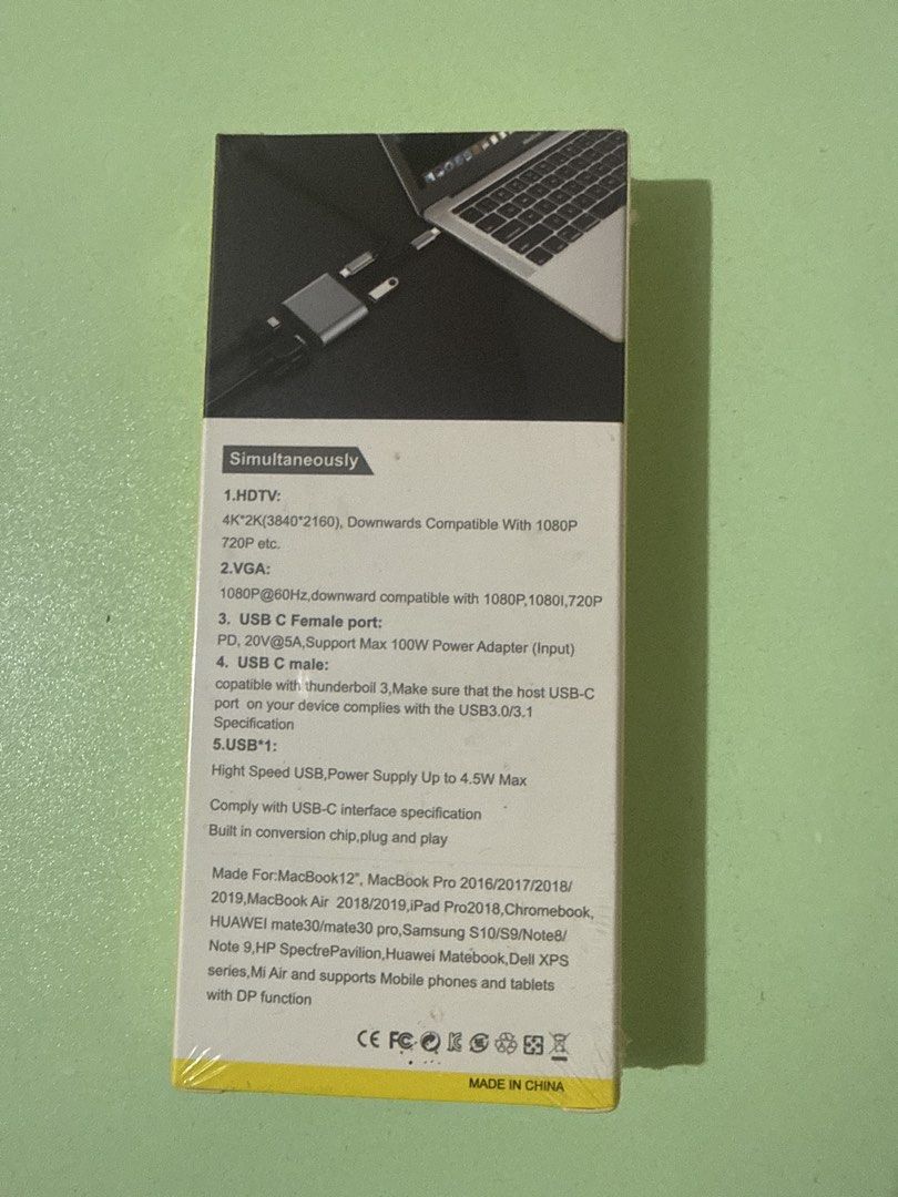 USB C Multifunction Adapter 4K HDTV VGA PD USB C (Category: Cables & Adaptors) located in Pasig City. Submitted by fiercemoon_f4c53e (Listing ID 1464251388, Image 2). Description: - Connect to 4K HDTV or 1080p VGA displays. - Power up your device with 100W USB-C PD charging. - Transfer files quickly with a high-speed USB-A port. - Easy setup: Plug and play, no drivers needed. - Perfect for MacBooks and other USB-C laptops..