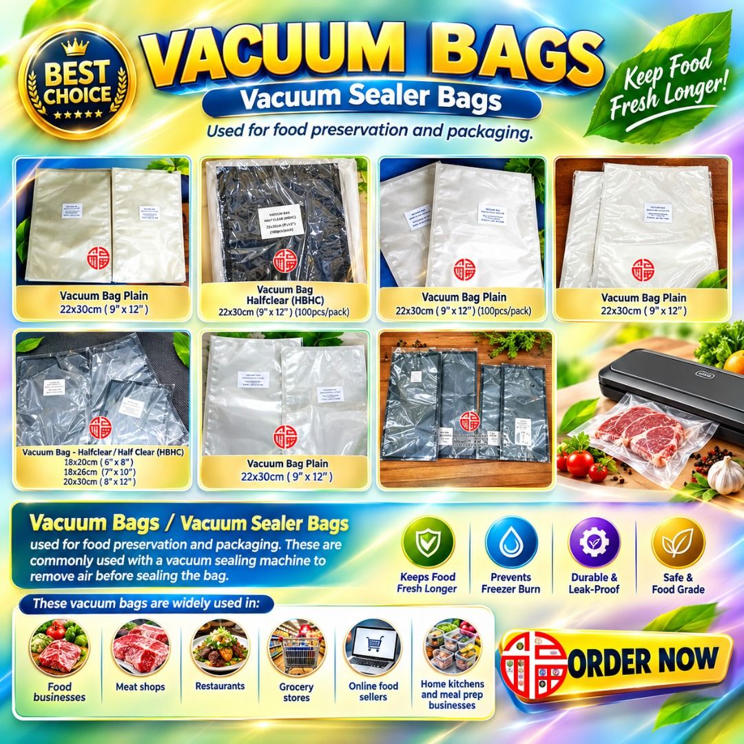 Vacuum Bags / Vacuum Sealer Bags (Category: Food Organization & Storage) located in Manila. Submitted by golden888onlineshop (Listing ID 1464141663, Image 1). Description: Vacuum Bags / Vacuum Sealer Bags used for food preservation and packaging. These are commonly used with a vacuum sealing machine to remove air before sealing the bag. These vacuum bags are widely used in: Food businesses Meat shops Restaurants Grocery stores Online food sellers