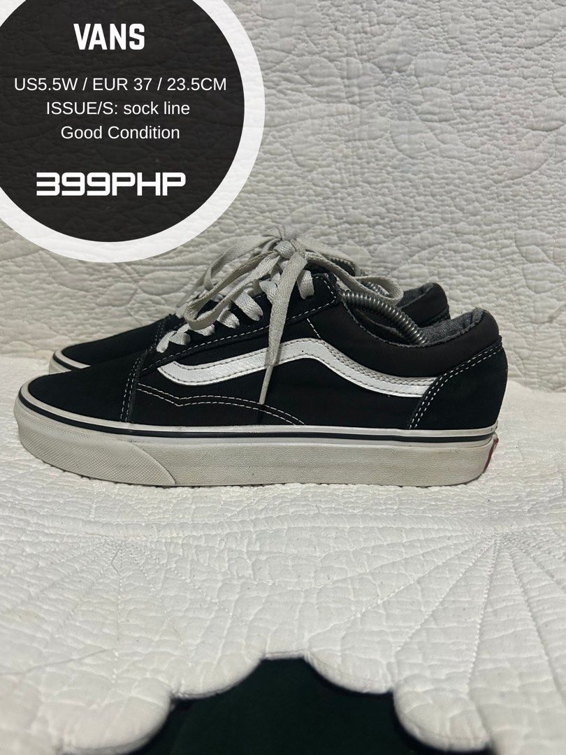 Vans Old Skool Black White Sneakers US 5.5W (Category: Sneakers) located in Malaybalay. Submitted by thrifturessential (Listing ID 1464277236, Image 1). Description: - Classic Vans Old Skool sneakers - Color: Black and White - Size: US 5.5W (EUR 37, 23.5CM) - Condition: Good overall, with noted sock liner wear - Ideal for everyday wear.