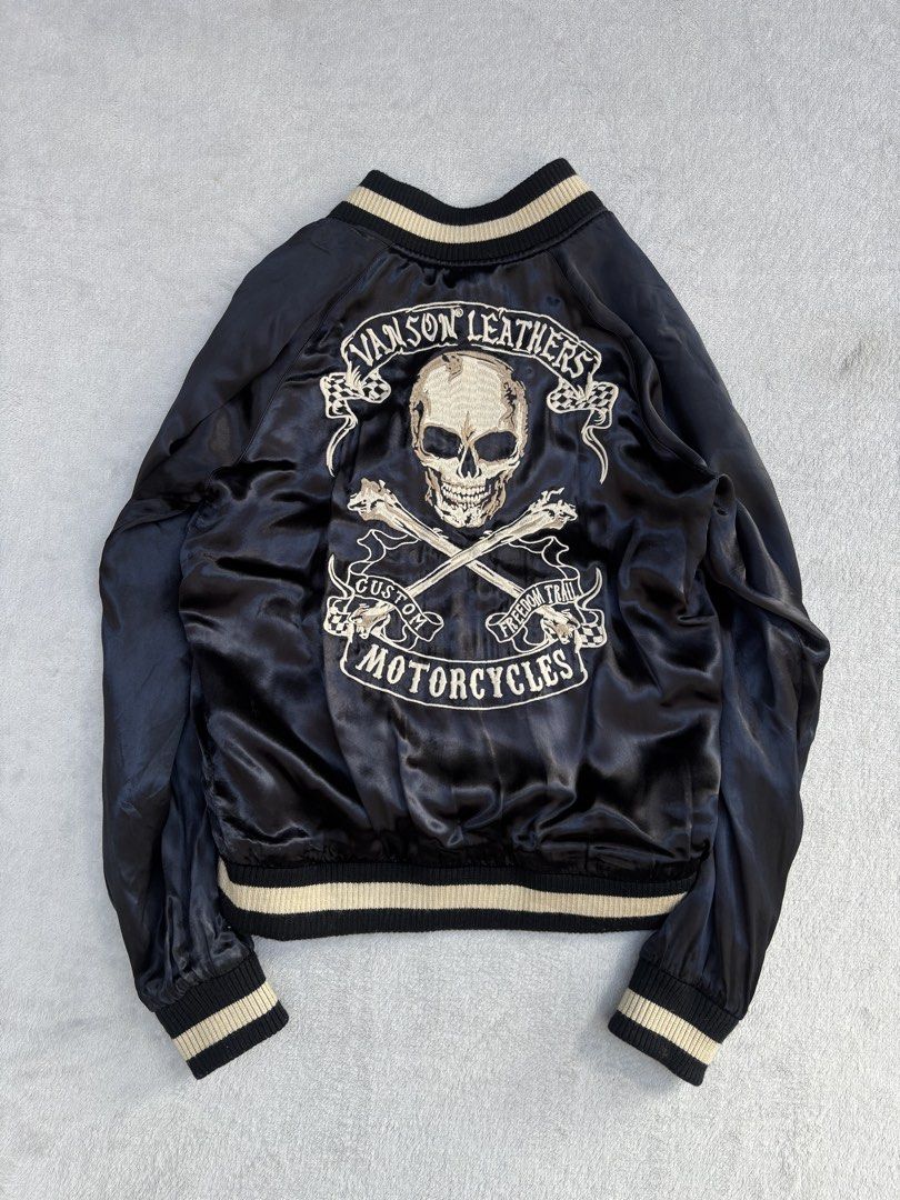 Vanson Skull Embroidered Reversible Souvenir Jacket (Category: Coats, Jackets and Outerwear) located in Baguio. Submitted by thecollector2600 (Listing ID 1464284085, Image 1). Description: Vanson Skull Embroidered Reversible Souvenir Jacket Vanson Skull Embroidered Reversible Souvenir Jacket Heavy skull embroidery on lustrous black satin. Iconic Japanese biker crossover staple. Small on tag, can fit small to medium Pit to pit-20 “ Length-22” Foun