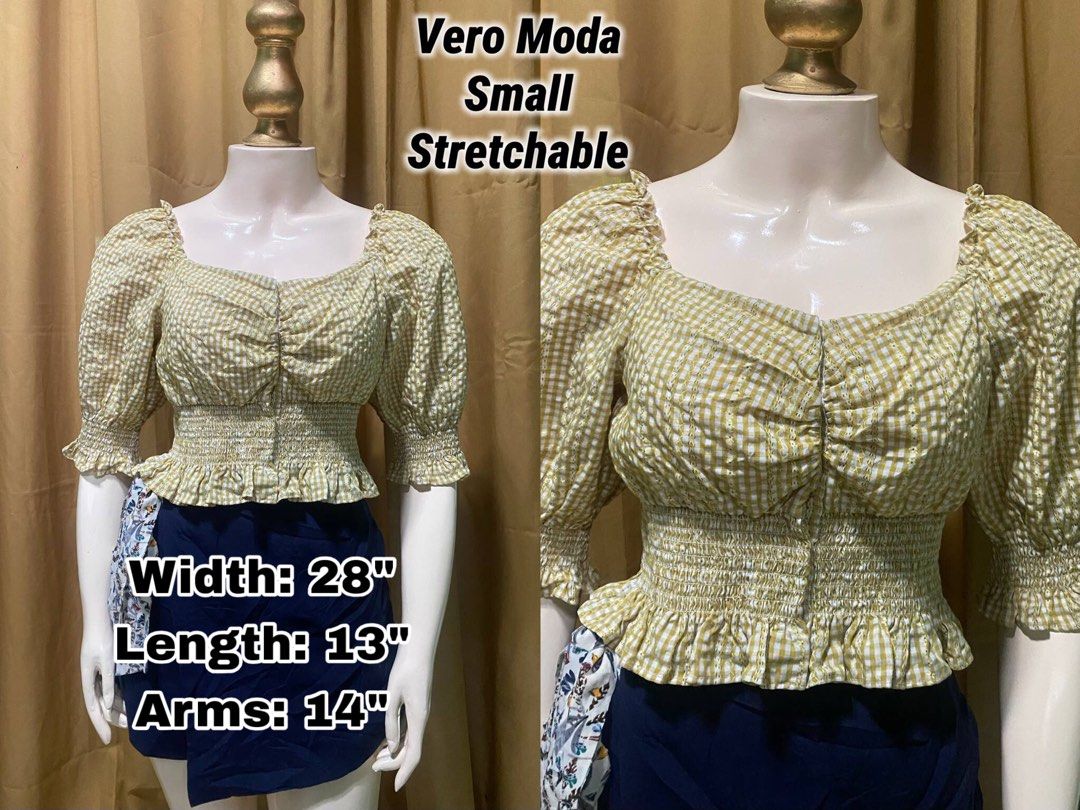 Vero Moda Peplum Blouse Tag: Small (Category: Blouses) located in Baguio. Submitted by shrlnjy (Listing ID 1464168159, Image 2). Description: SELECTION: Fashion Tops/Blouses from Bale Vero Moda Peplum Blouse Tag: Small Stretchable P300 Mannequin Reference: Bust: 30" Shoulder 12.5" Waist 24" Swipe for individual photos. THIS IS FROM BALE NOT RTW .