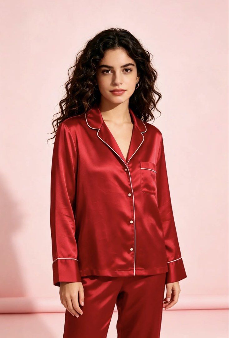 VICTORIA’S SECRET (Category: Longsleeves) located in Davao. Submitted by sart0ria85 (Listing ID 1464312162, Image 2). Description: A scarlet red pajama blouse with white pipings. 100%POLYESTER MADE IN CHINA 🇨🇳 XSMALL. Size 2. Since it is oversized, also perfect for SMALL and MEDIUM. EXCELLENT CONDITION (98/100).