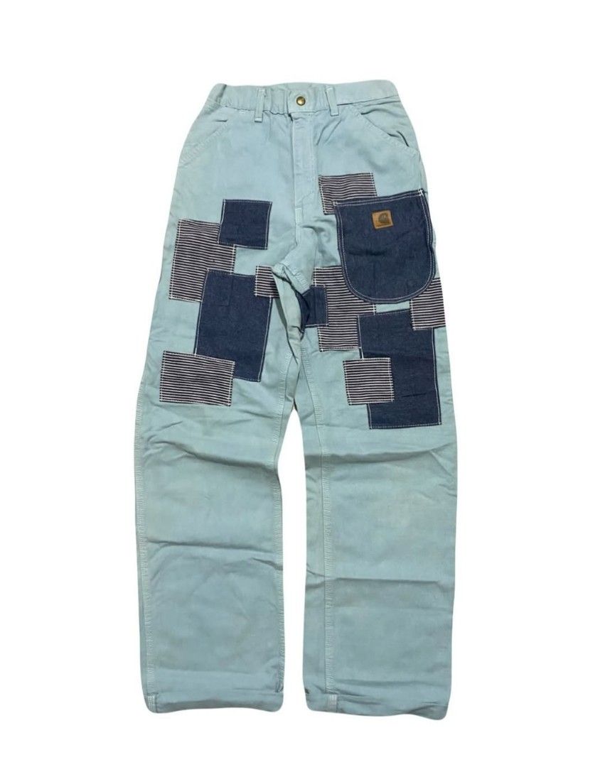 Vintage Carhartt Patchwork Carpenter Pants (Category: Jeans) located in Manila. Submitted by jc.dingz1024 (Listing ID 1464247556, Image 1). Description: - Vintage light blue Carhartt carpenter pants - Unique patchwork design with dark blue denim and striped fabric - Waist: 26-27 inches - Length: 43 inches - Hem: 9 inches - Ideal for a bold, statement look.