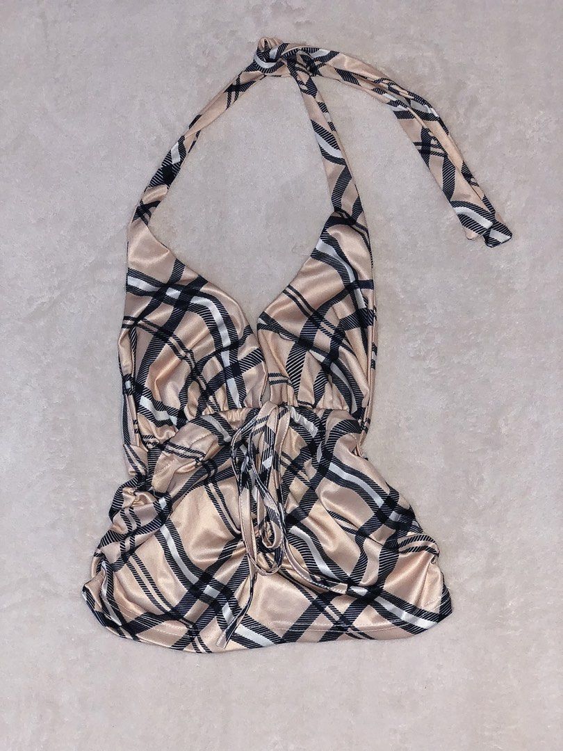 vintage brown plaid halter top with drawstring (Category: Sleeveless) located in Bulacan. Submitted by amouriellekim (Listing ID 1464253363, Image 1). Description: size small to semi large 🏷️ | y2k vintage 2000s mcbling burberry juicy couture morgan de toi von dutch true religion baby phat miss me miss sixty affliction brandy melville john galt ed hardy rock revival stussy aeropostale hollister playboy betty boop hysteric glamour diesel guess do