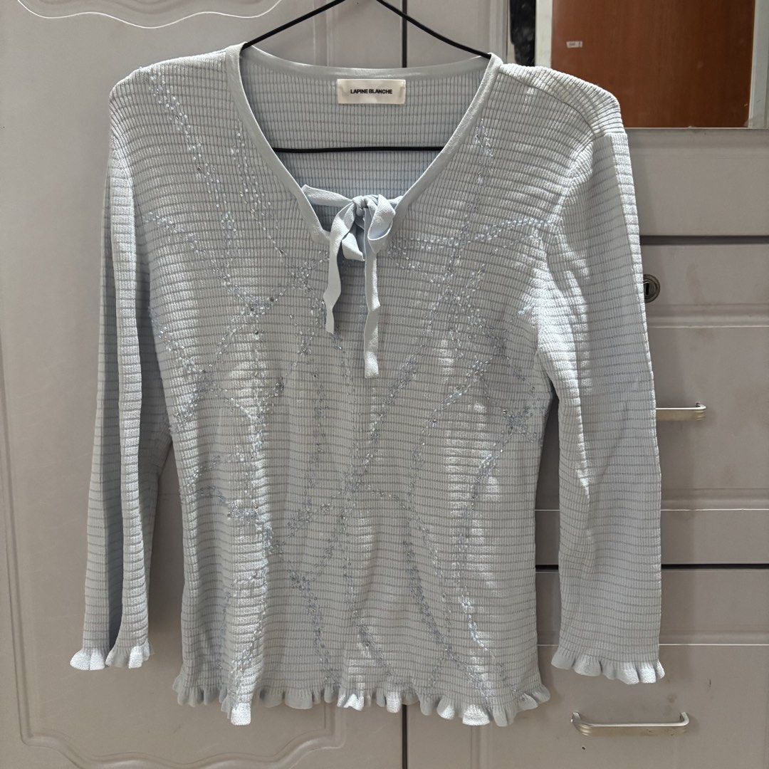 Vintage Powder Blue Sequence Knitted Top (Category: Longsleeves) located in Binan City. Submitted by mypreloved_haul (Listing ID 1464203629, Image 1). Description: Fits small to medium!.