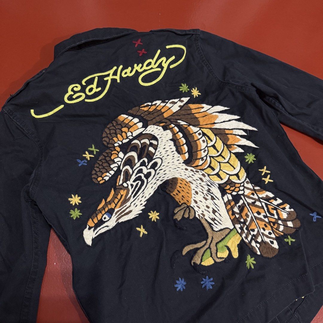 VINTAGE Y2K ED HARDY SOFT DENIM JACKET (Category: Coats, Jackets and Outerwear) located in Pasig City. Submitted by buzzthrifty (Listing ID 1464265888, Image 2). Description: SIZE XS-S 18x23 EXCELLENT TO NEW .