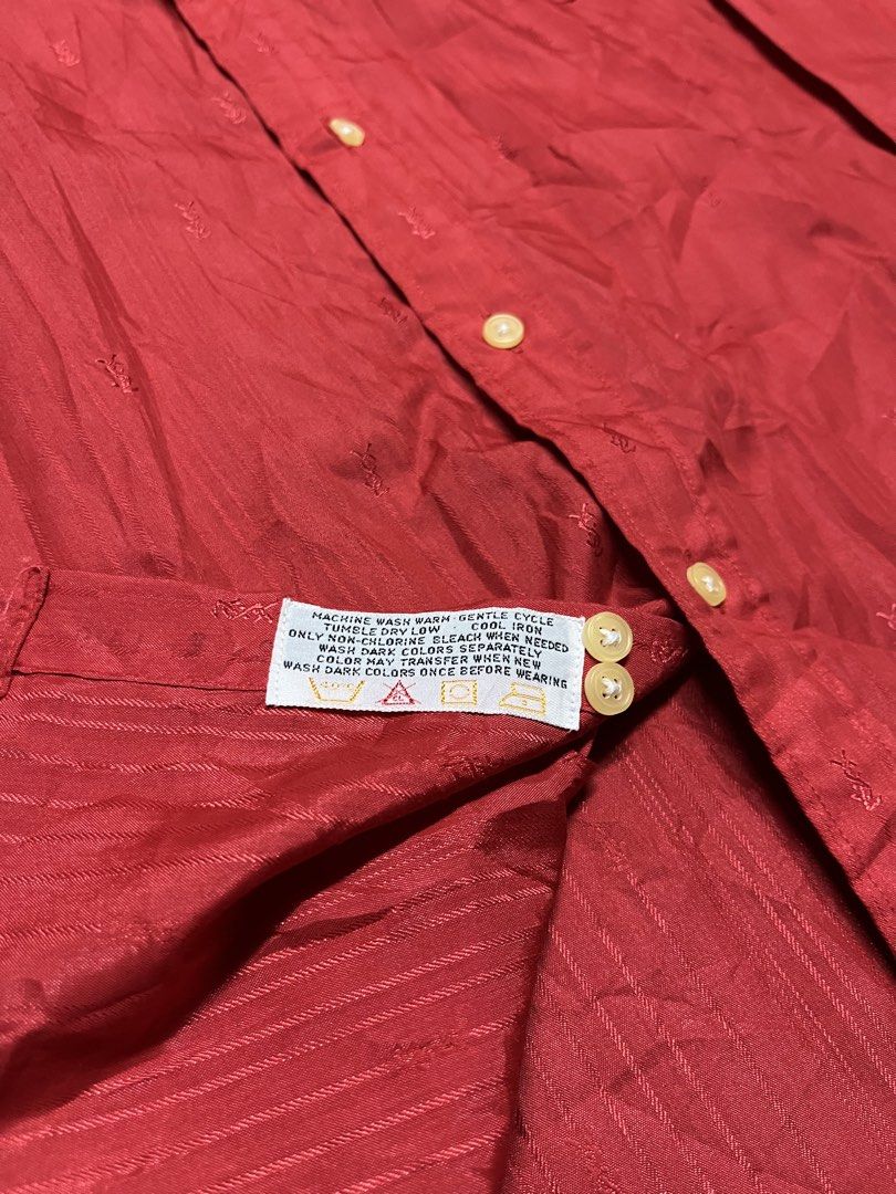 Vintage Yves Saint Laurent (YSL) Monogram (Category: Coats, Jackets and Outerwear) located in Manila. Submitted by thrift-thing2 (Listing ID 1464319051, Image 3). Description: vintage Yves Saint Laurent (YSL) red monogram long-sleeve button-up shirt featuring an all-over embroidered YSL logo pattern. Condition: Excellent Size: 21x29 ( INCHES ) Color: Red Price: 2,880 PHP 📦 Ships nationwide 💬 DM to reserve — first come, first served! Not affilia