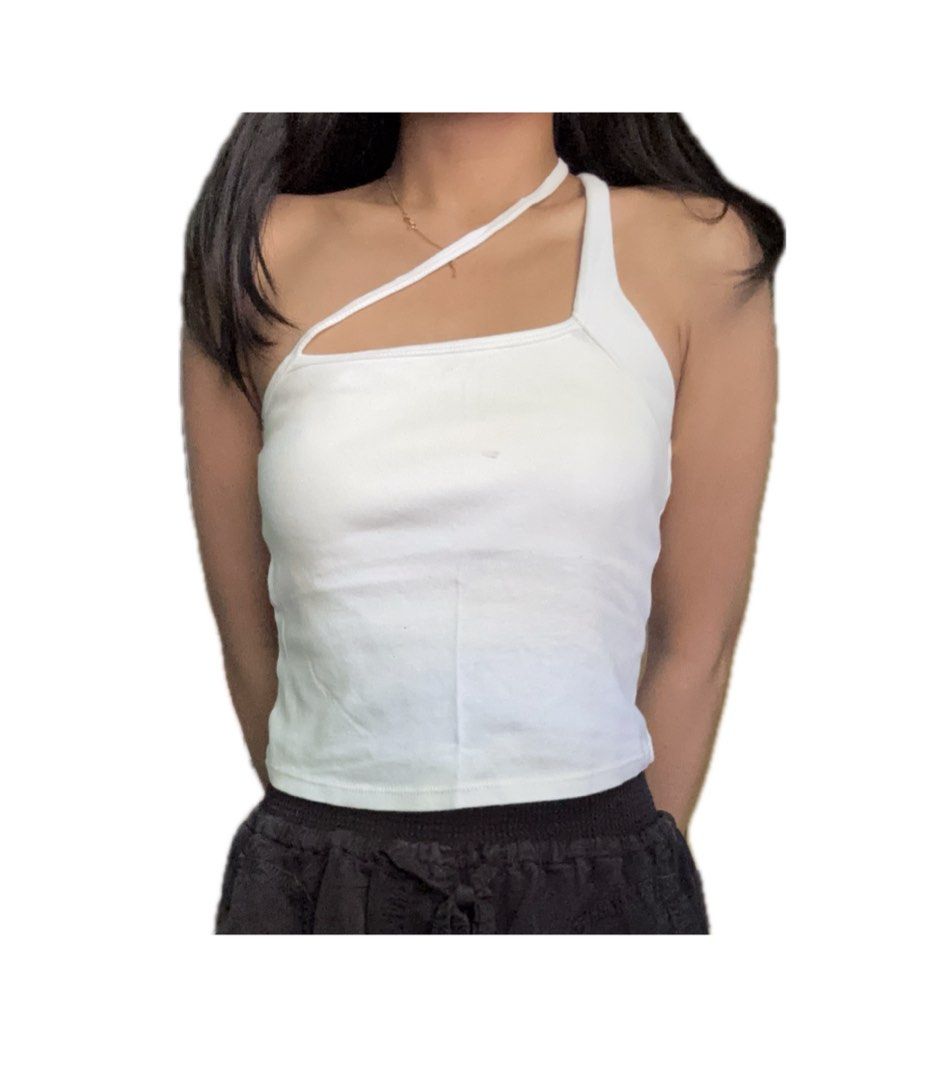 White One Shoulder Cutout Tank Top (Category: Sleeveless) located in Lucena. Submitted by fn.clst (Listing ID 1464159374, Image 1). Description: -there’s a little hole at the back but bot too noticeable.