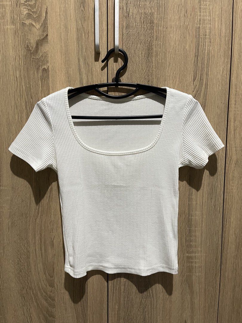 White Ribbed Square Neck Short Sleeve Top (Category: Sleeveless) located in Manila. Submitted by preloveditems_jem (Listing ID 1464303883, Image 1). Description: Basic white ribbed top. Square neckline, short sleeves. Stretchy material, fits close to the body. Easy to pair with anything in your wardrobe. Great for layering or wearing on its own. A simple staple piece..