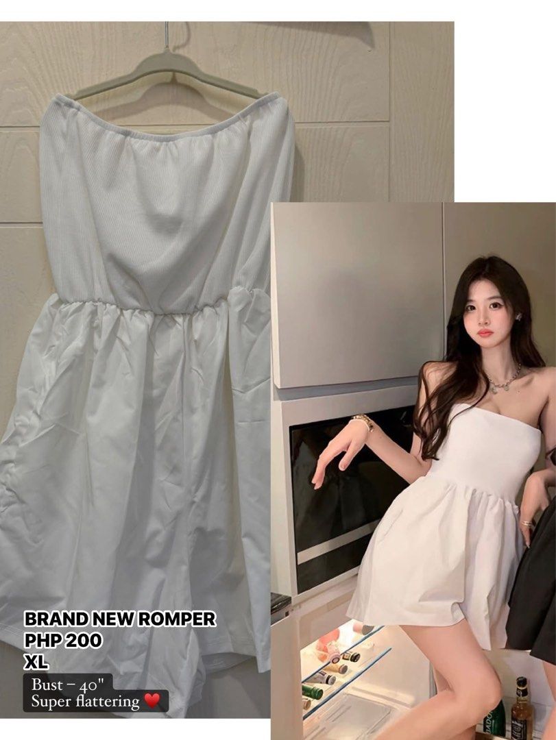 White Romper XL (Category: Rompers) located in Mandaluyong City. Submitted by jennliao (Listing ID 1464345450, Image 1). Description: - White strapless romper - Elasticated bust for a secure fit - Cinched waist for a flattering silhouette - Bust measurement: 40 inches - Perfect for casual outings or a night out - Super comfortable and easy to wear.