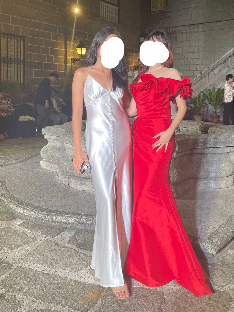White Satin Dress (Category: Evening dresses & gowns) located in Pasig City. Submitted by amadamnl (Listing ID 1464161026, Image 2). Description: - Beautiful red evening gown - Off-the-shoulder neckline with ruffled details - Floor-length mermaid silhouette - Ideal for formal events, galas, or weddings - Makes a statement - Worn only once for a photoshoot.