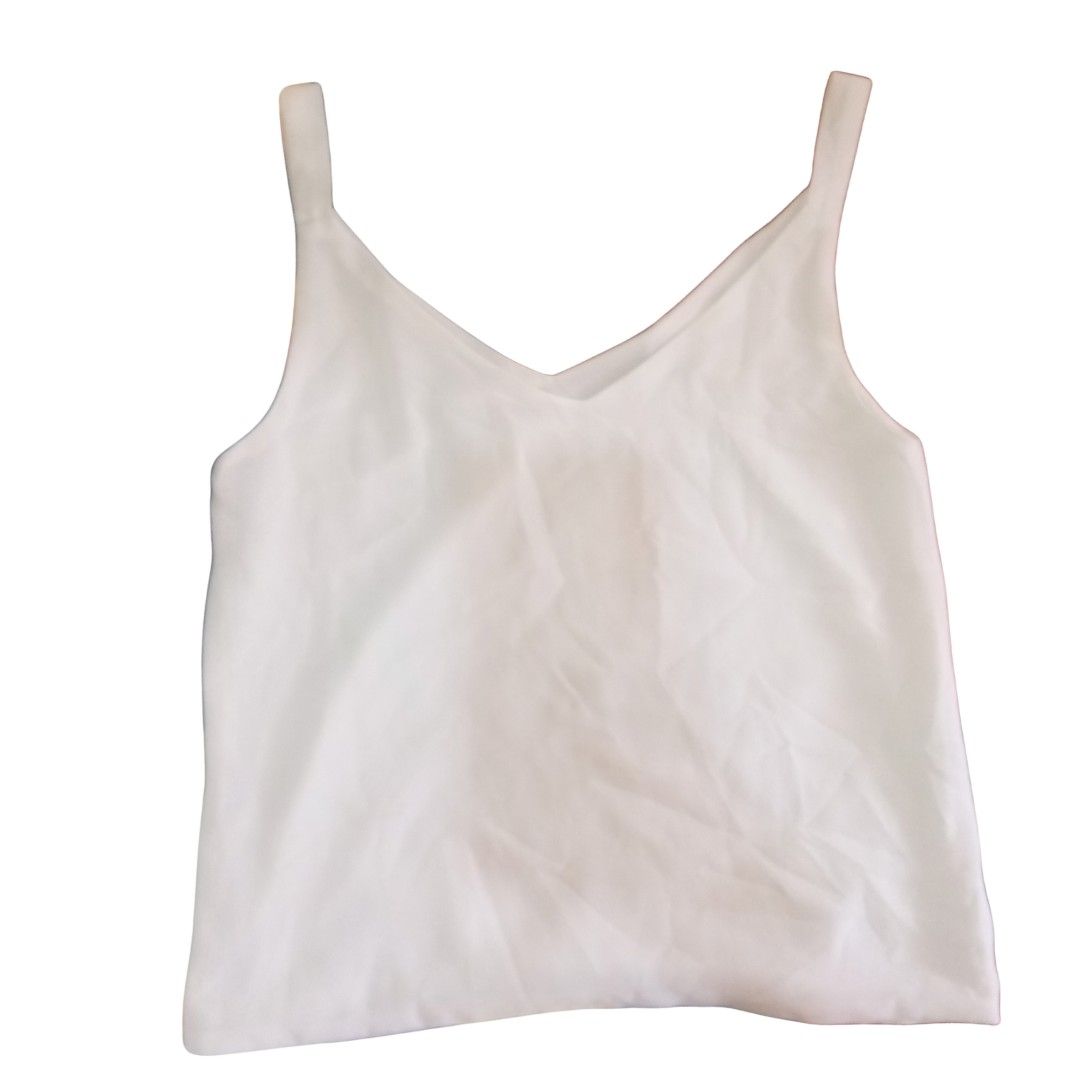 White V-Neck Spaghetti Strap Tank Top (Category: Sleeveless) located in Baguio. Submitted by tequilamojito (Listing ID 1464213867, Image 1). Description: GOOD FOR PETITE GIRLS - Simple white tank top - V-neck design - Thin spaghetti straps - Silky material feel - Versatile basic for layering or standalone wear - Easy to match with any outfit - Ideal for casual occasions.