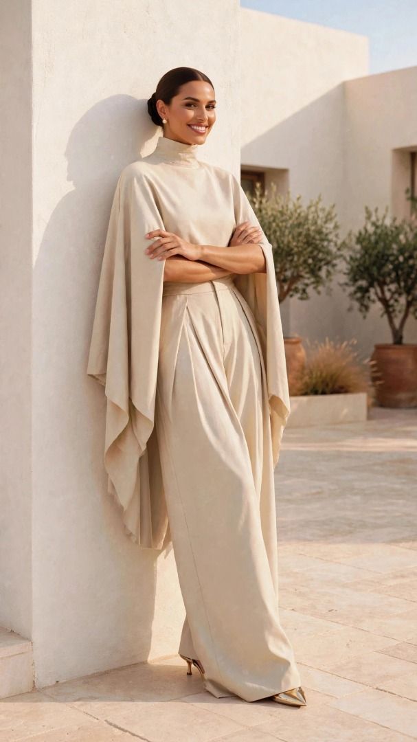 Womens Cape Top and Pants Coordinates (Category: Sets or Coordinates) located in Bulacan. Submitted by hange_studio (Listing ID 1464228727, Image 1). Description: Make a breathtaking entrance in this dramatic two-piece cape top and wide-leg trouser set from MysonLight Moda, featuring a dramatic flowing cape overlay and tailored pleated high-waist pants. Architectural Silhouette: Combines a high-neck cropped cape top with fluid, wide-leg trousers 