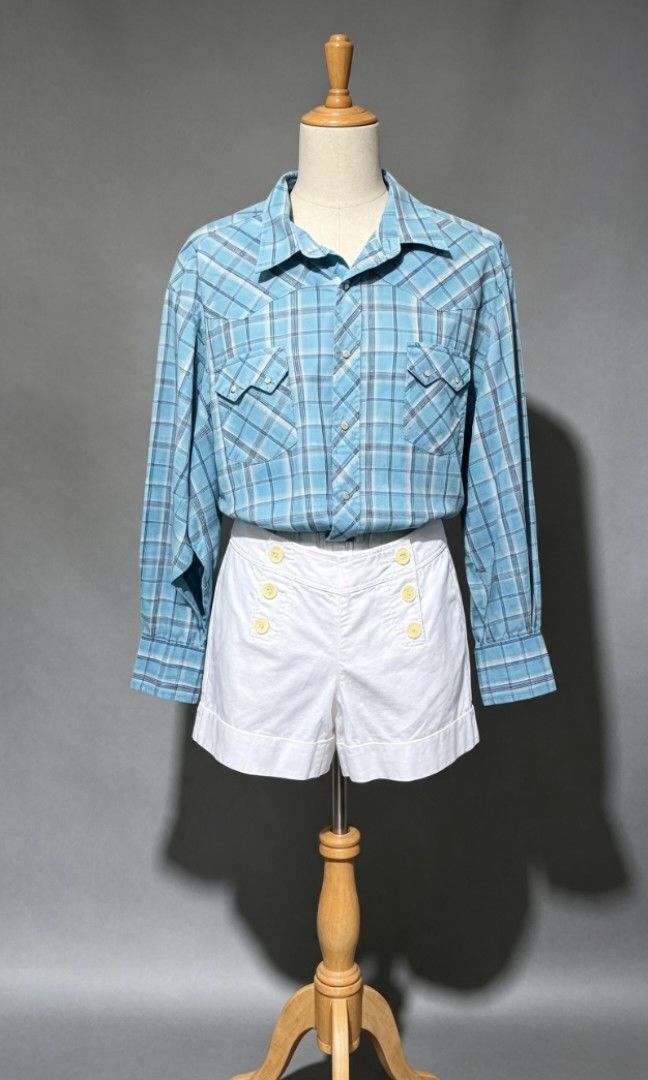 Wrangler Shirt + White Shorts (Category: Sets or Coordinates) located in Manila. Submitted by reiluvfits (Listing ID 1464256562, Image 1). Description: Top: Size: Xl Chest (Armpit to Armpit): 44-46 inches Shoulder to Hem Length: 70 cm / 27.6 inches Sleeve Length (From back of neck to cuff): 35-35.5 inches Neck Measurement: 16⅝-17⅛ inches Sleeve Opening: 26 cm Bottom: 28-29 waistline.