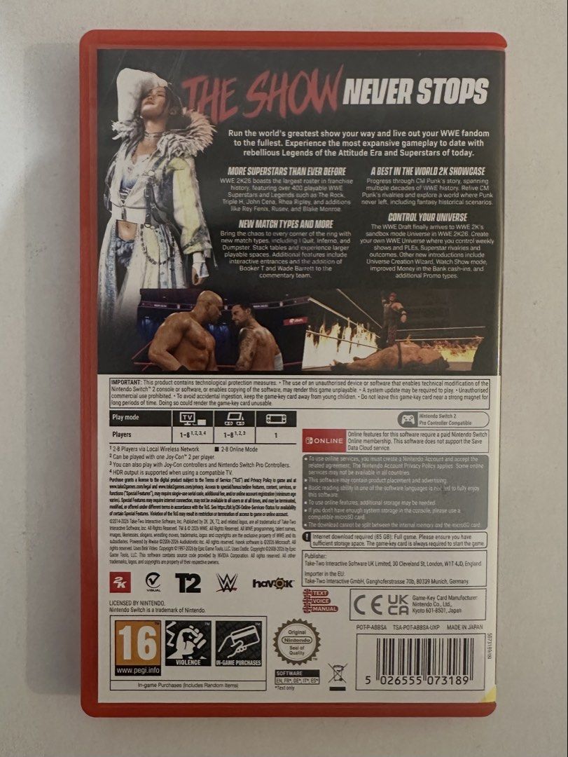 WWE 2K26 (EU) | Nintendo Switch 2 (Category: Nintendo) located in Manila. Submitted by 1gan1nil (Listing ID 1464190829, Image 2). Description: WWE 2K26 | Nintendo Switch 2 - Game Key Card — full game download via internet (requires cartridge to play) - Comes with original case and game cartridge - purchased in GameXtreme from online e-commerce app with original price of ₱2566 last July 2026 (will send receipt if you are interested) RFS: Purchasin