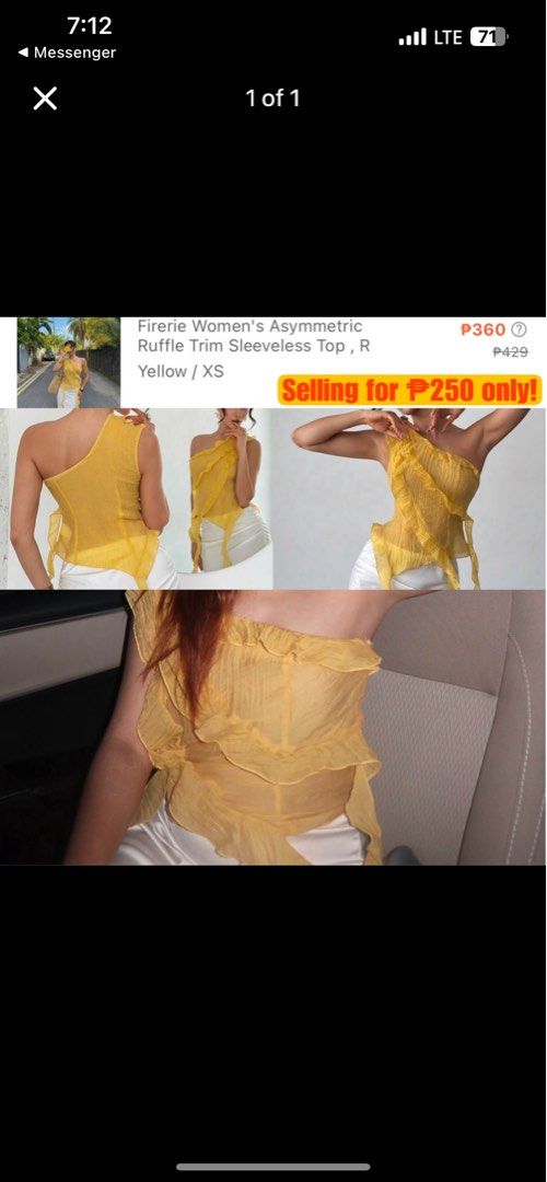 Yellow Sleeveless Top (Category: Coats, Jackets and Outerwear) located in General Trias. Submitted by emkeeey (Listing ID 1464258482, Image 1). Description: FOR SALE 💛✨ Firerie Women’s Asymmetric Ruffle Trim Sleeveless Top Color: Yellow | Size: XS-Medium ✨ Used only ONCE - Good as new! 💸 Selling for only ₱250 📏 Size: XS - Small | (in Inches) Bust:33.5, Waist:26.8, Length: 21.7 Super pretty & trendy! One-shoulder, flowy & breathable Perfect for