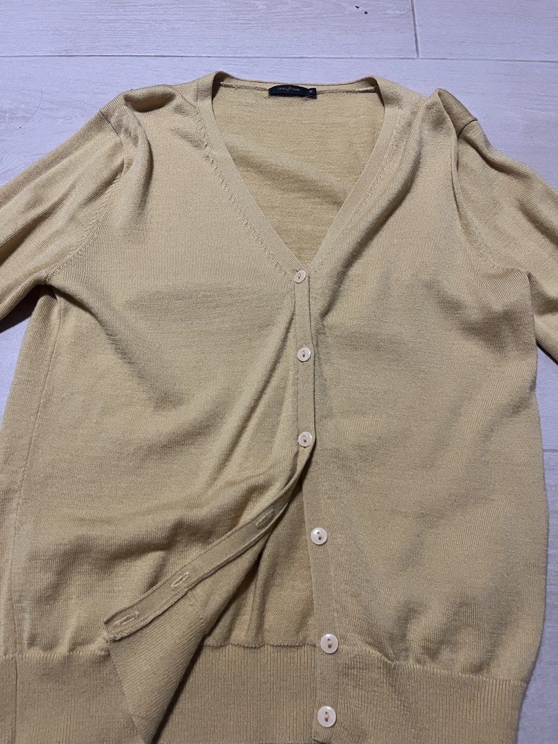 Yellow V-Neck Button-Up Cardigan (Category: Coats, Jackets and Outerwear) located in Makati City. Submitted by sixelaa (Listing ID 1464226554, Image 2). Description: - Lightweight yellow cardigan - V-neckline with button closure - Long sleeves - Ribbed hem and cuffs - Ideal for everyday layering.