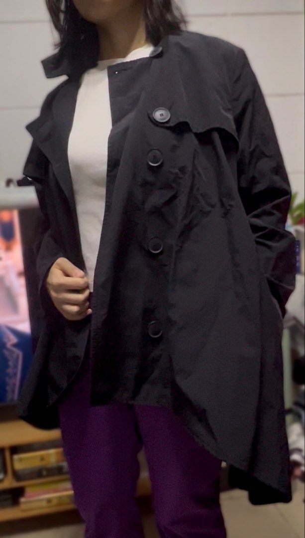 “YOU” Clothing Black Button-Up Trench Coat Style Jacket (Category: Coats, Jackets and Outerwear) located in Surigao. Submitted by boonz71_1971 (Listing ID 1464175155, Image 1). Description: - Width 17” Length 32” - Condition: 9/10 - Black jacket with a trench coat vibe - Button-up front - Relaxed fit - Side pockets - Ideal for layering - Versatile for various outfits.