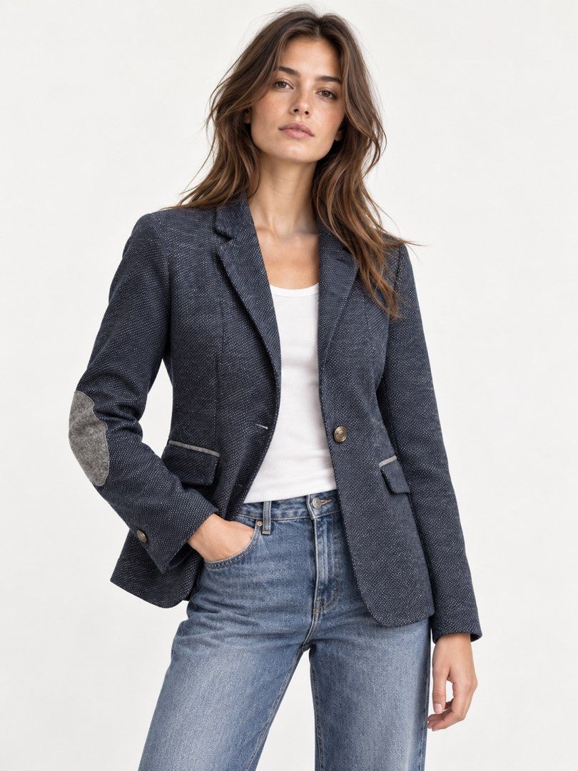 Zara Basic Collection Navy Blazer with Elbow Patches (Category: Coats, Jackets and Outerwear) located in Baguio. Submitted by twinniesnco (Listing ID 1464157627, Image 1). Description: - Zara Basic navy blue blazer - Textured fabric with subtle white speckles - Classic grey elbow patches - Fun white star print inner lining - Button closure - Made in Morocco.
