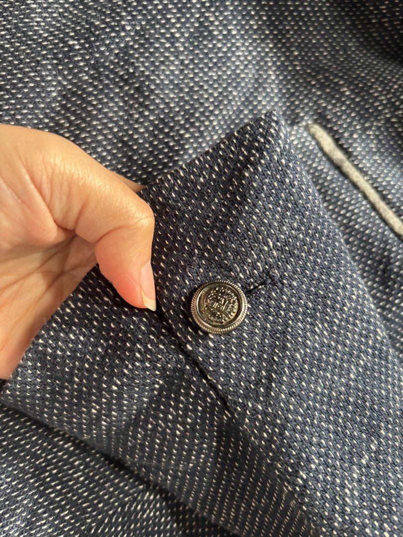 Zara Basic Collection Navy Blazer with Elbow Patches (Category: Coats, Jackets and Outerwear) located in Baguio. Submitted by twinniesnco (Listing ID 1464157627, Image 2). Description: - Zara Basic navy blue blazer - Textured fabric with subtle white speckles - Classic grey elbow patches - Fun white star print inner lining - Button closure - Made in Morocco.