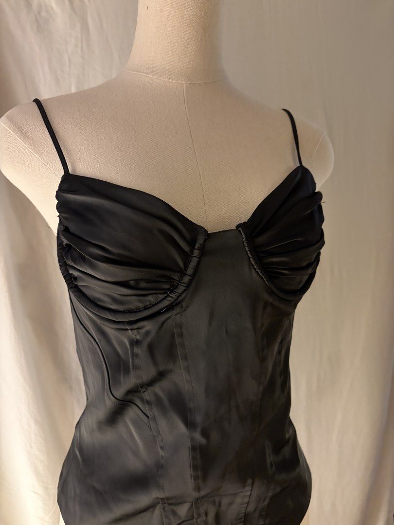 Zara Black Satin Bustier Corset Bodysuit (Category: Sleeveless) located in Makati City. Submitted by chiclane_ (Listing ID 1464242518, Image 3). Description: - invisible zipper closure at the side - snap button closure - adjustable spaghetti straps .