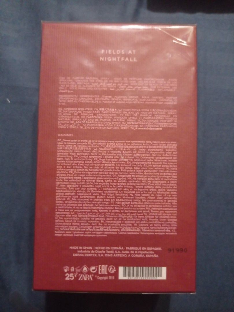 Zara Fields at Nightfall Eau de Parfum 100ml (Category: Fragrance & Deodorants) located in Paranaque City. Submitted by annhua17524 (Listing ID 1464234096, Image 2). Description: - Zara Fields at Nightfall Eau de Parfum - 100ml bottle, RARE hardbound box - Brand new, still sealed in original packaging - US purchase - Made in Spain .
