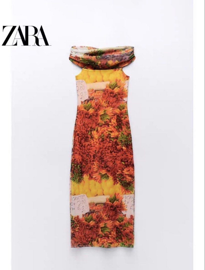 Zara Printed Off-Shoulder Maxi Dress (Category: Dresses) located in Cavite. Submitted by christianneeee (Listing ID 1464244066, Image 1). Description: - Zara maxi dress - Vibrant fruit and flower print - Off-the-shoulder neckline with ruched detail - Bodycon fit - Side slit - Mesh fabric - Makes a statement look.