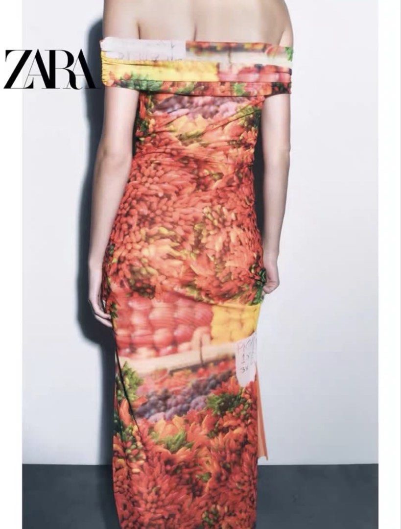 Zara Printed Off-Shoulder Maxi Dress (Category: Dresses) located in Cavite. Submitted by christianneeee (Listing ID 1464244066, Image 3). Description: - Zara maxi dress - Vibrant fruit and flower print - Off-the-shoulder neckline with ruched detail - Bodycon fit - Side slit - Mesh fabric - Makes a statement look.
