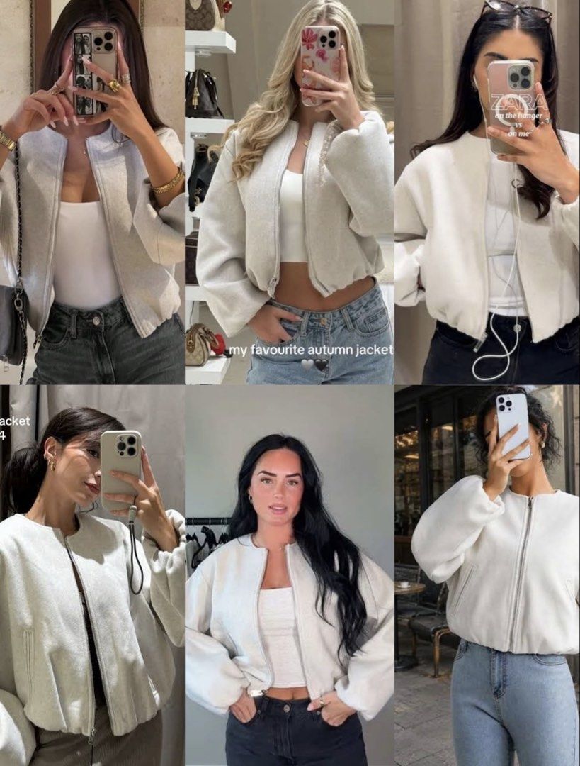 Zara Soft Bomber Jacket (Category: Coats, Jackets and Outerwear) located in Cavite. Submitted by christianneeee (Listing ID 1464242686, Image 2). Description: - Zara cream cropped bomber jacket - Size: Medium (M) - Style: Cropped bomber - Features: Zip-up front, balloon sleeves, elasticated hem - Versatile: Pairs well with jeans or trousers.