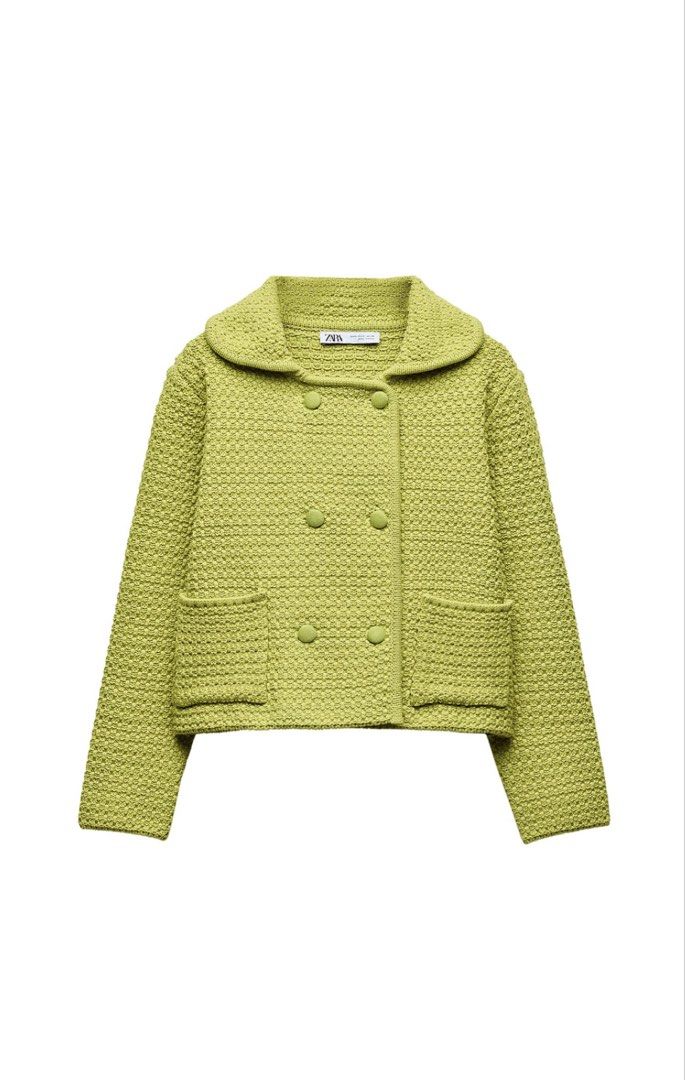 Zara Textured Double-Breasted Cropped Jacket Lime Green (Category: Coats, Jackets and Outerwear) located in Batangas. Submitted by kulilayfinds (Listing ID 1464222987, Image 1). Description: A personal favorite! So pretty! - Zara cropped jacket - Textured lime green knit fabric - Double-breasted front with 4 buttons - Two front pockets - Collared neckline - Estimated size: Small (S) - Approximate length: 17 inches (shoulder to hem) - Ideal for la
