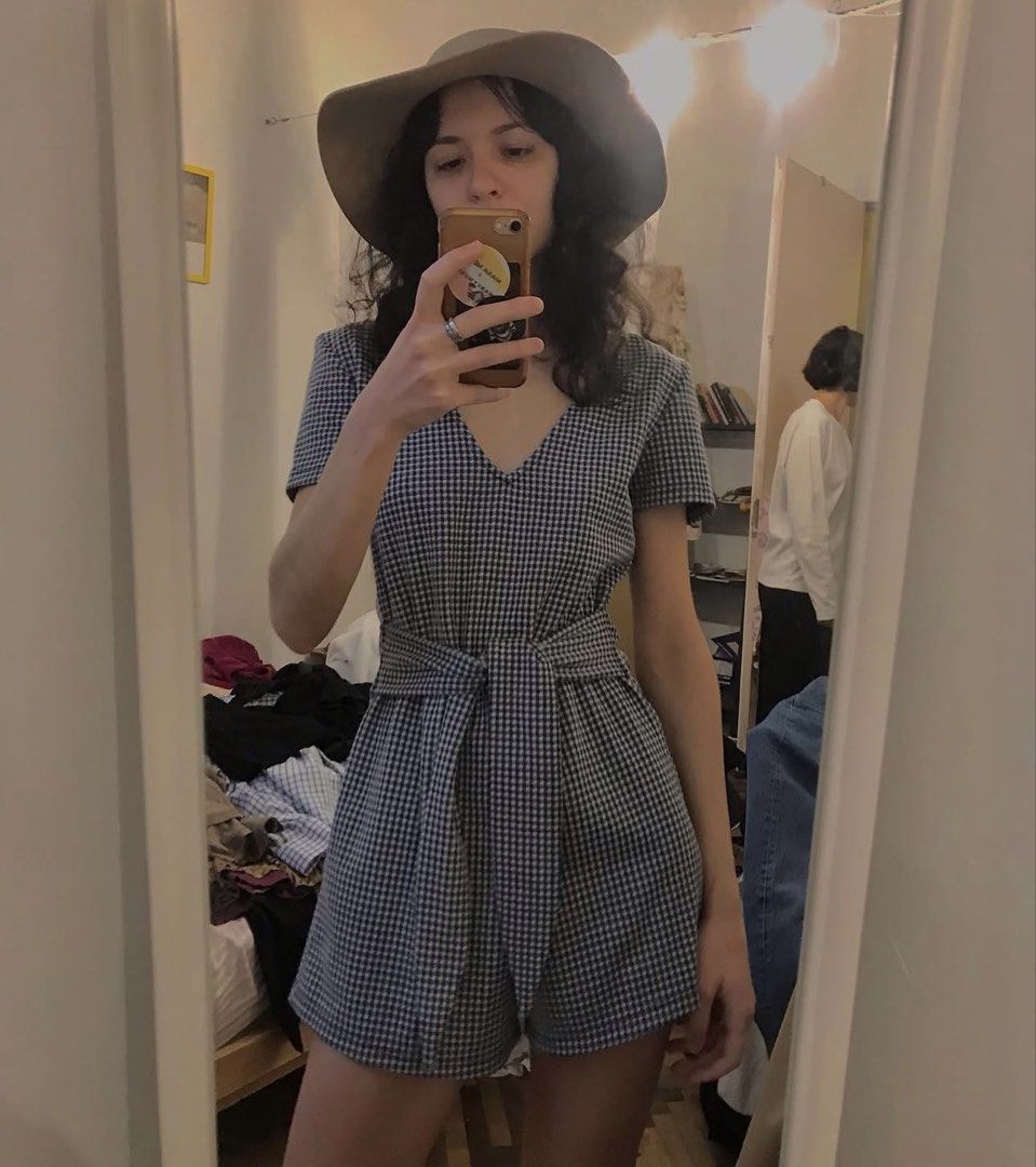 ZARA TRF Knitted Plaid Romper SD2 (Category: Dresses) located in Manila. Submitted by chloereicapsule (Listing ID 1464338903, Image 2). Description: S-M size, cotton thick knitted fabric, garterize waist, with waist tie, color rate 10/10 pm for other inquiries .