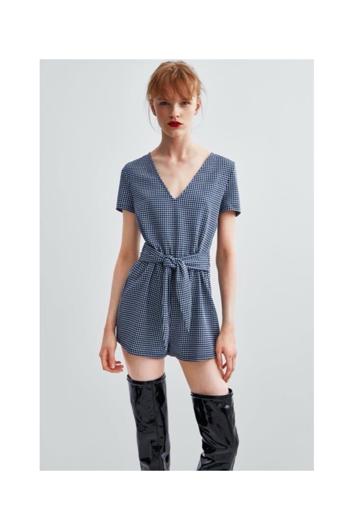 ZARA TRF Knitted Plaid Romper SD2 (Category: Dresses) located in Manila. Submitted by chloereicapsule (Listing ID 1464338903, Image 1). Description: S-M size, cotton thick knitted fabric, garterize waist, with waist tie, color rate 10/10 pm for other inquiries .