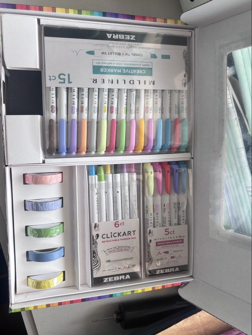 Zebra Mildliner & Clickart Marker Set with Washi Tape (Category: Craft Supplies & Tools) located in Taytay. Submitted by kcpays (Listing ID 1464189762, Image 1). Description: - 15 Zebra Mildliner Creative Markers - 6ct Clickart Retractable Marker Pen Set - 5ct Mildliner Brush Pen and Marker Set - 5 Rolls of Pastel Decorative Washi Tape - Ideal for journaling, studying, and crafting - Only used once, like brand new, og price is 2500.