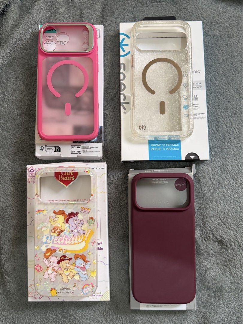 17/18 Pro Max Cases (Category: Cases & Sleeves) located in Quezon City. Submitted by chinsdeclu (Listing ID 1464406128, Image 1). Description: ✨ESR for 17pm with little paint chip sa camera stand ₱1,300 ✨SPECK for 17/18promax pass as brandnew, 1day used with hydrogel palitan mo nalang palpak pag lagay ko 😛 ₱1,850 ✨SONIX good as new, no issue or any stain ₱1,200 ✨ELAGO Burgundy, no issue pass as brandnew ₱900 .