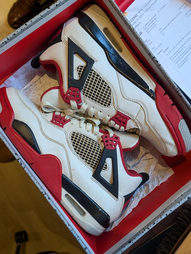2020 Air Jordan 4 'Fire Red' Retro (Aged Custom) (Category: Sneakers) located in Pasay City. Submitted by bottomdrawermnl (Listing ID 1464434091, Image 2). Description: - no crumbling. Custom 'Aged' - intended signs of wear, particularly on the midsoles and leather creasing - Still in good wearable condition with plenty of life left - Includes original box.