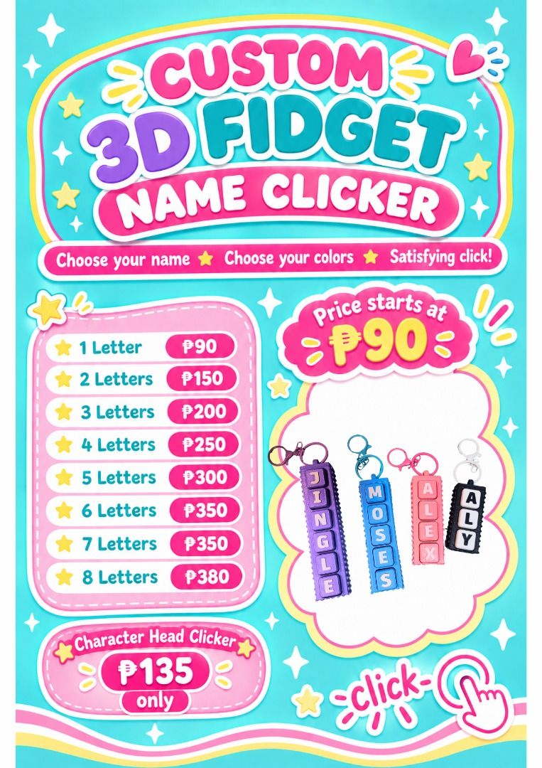 3D CUSTOM NAME FIDGET CLICKER (Category: Art & Prints) located in Taguig. Submitted by cheljay24 (Listing ID 1464509283, Image 1). Description: .