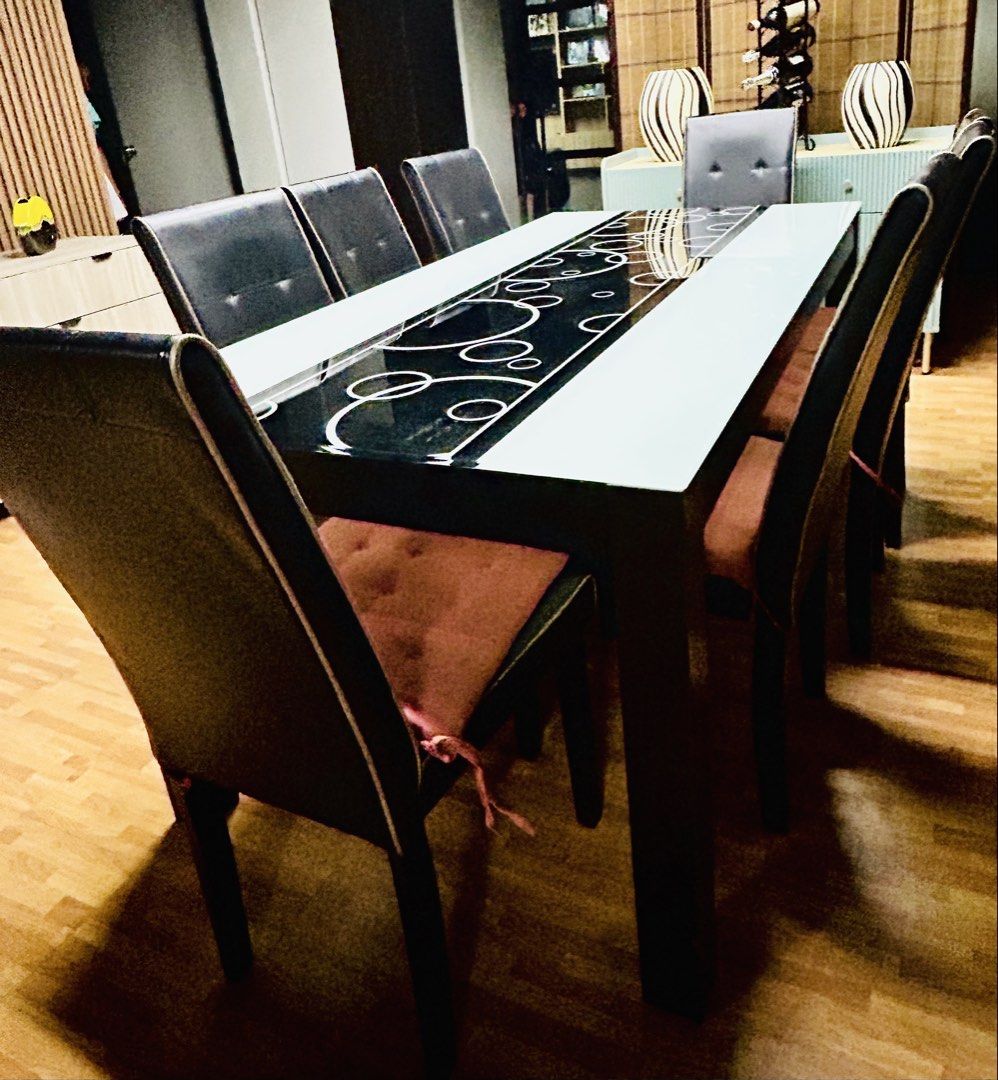 8 Seater Wooden Dining Set ! 😀😀 (Category: Tables & Sets) located in Makati City. Submitted by about_the_fit_ph (Listing ID 1464364096, Image 2). Description: 🤎 8-SEATER WOODEN DINING SET —Php35,000 ONLY! 🤎 ✨ SRP ₱65,000 — Now only Php30k! Beautiful dark brown wooden 8-seater dining set with elegant glass tabletop. Well cared for and in very good condition, used for around 3 years. 📏 Size: 180cm L × 90cm W × 73cm H ✔️ Complete 8-seater set ✔