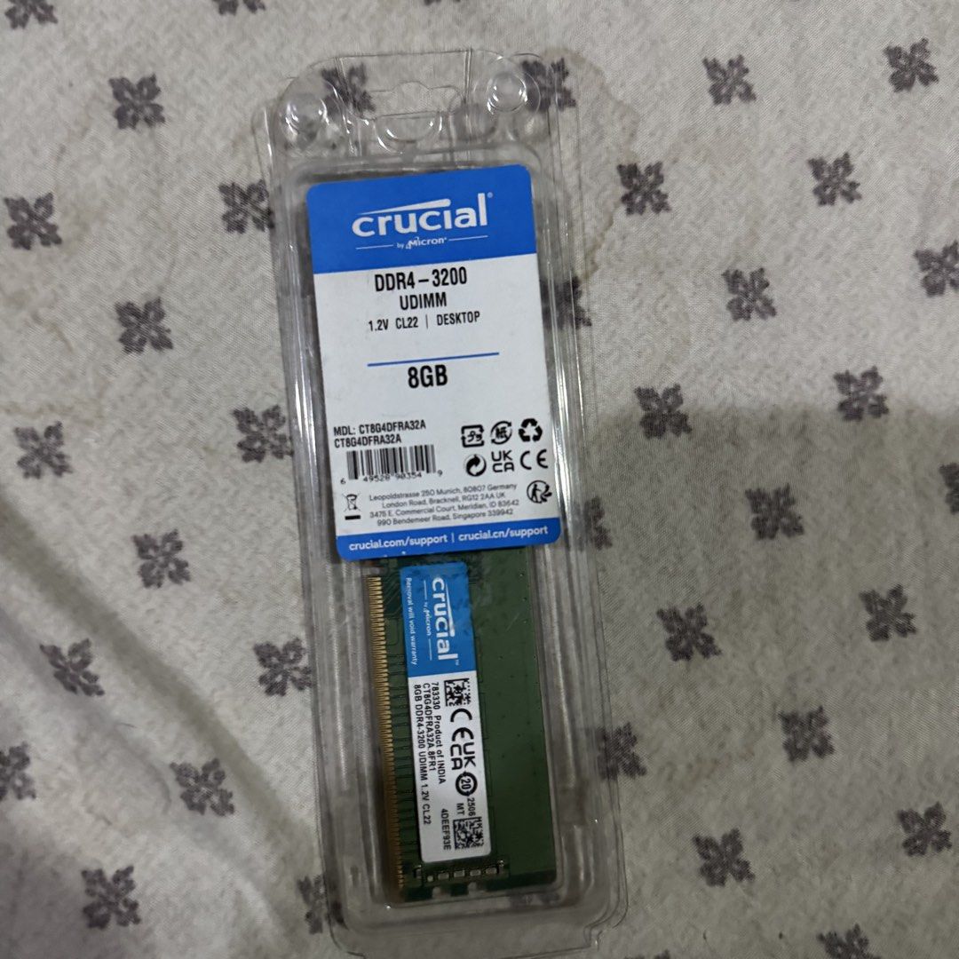 8GB DDR4 3200MHZ RAM (Category: Computer Parts) located in Quezon City. Submitted by noahhsellss (Listing ID 1464500138, Image 2). Description: Crucial 8GB 3200MHZ No issue pwede nyo idala ng testing unit paraitest Loc:QC/Marikina.