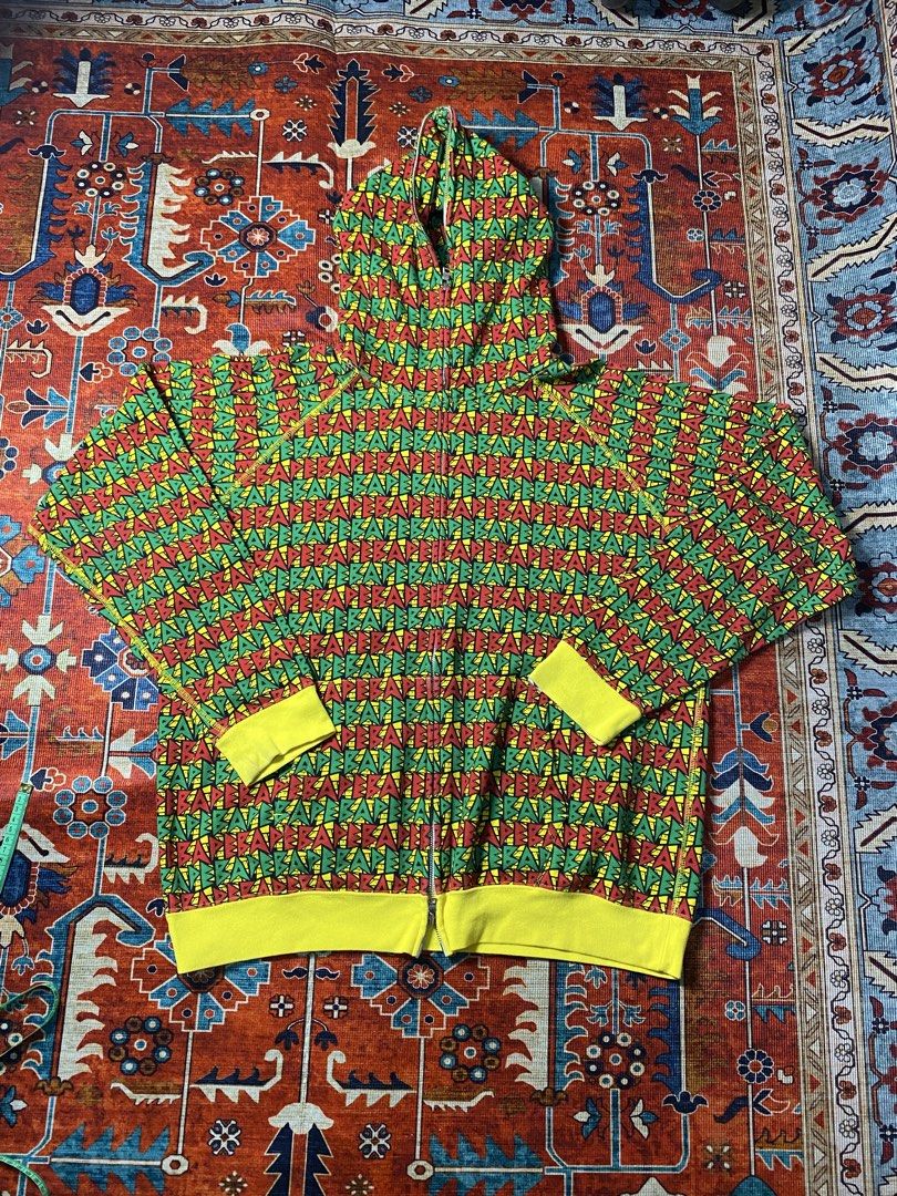A BATHING APE RASTA FULL ZIP HOODIE (Category: Coats, Jackets and Outerwear) located in Antipolo. Submitted by asiansnot613 (Listing ID 1464481932, Image 1). Description: wts a bathing ape rasta full zip hoodie 23.5x26.5 | used - good authentic. dm for more details. antipolo city, rizal📌.